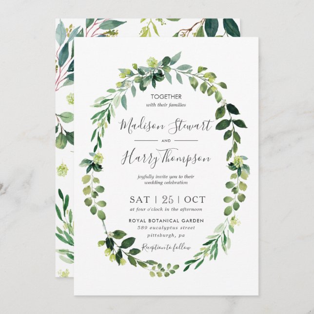 Greenery Eucalyptus Oval Wreath Botanical Wedding Invitation (Front/Back)