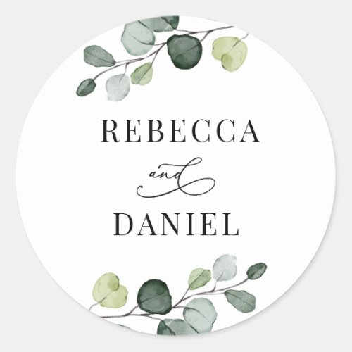 Greenery Eucalyptus Personalized Wedding Classic Round Sticker