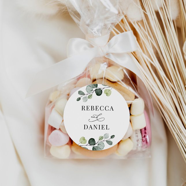 Greenery Eucalyptus Personalized Wedding Classic Round Sticker (Creator Uploaded)