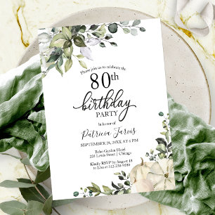 Greenery Eucalyptus Pumpkin Fall 80th Birthday Invitation