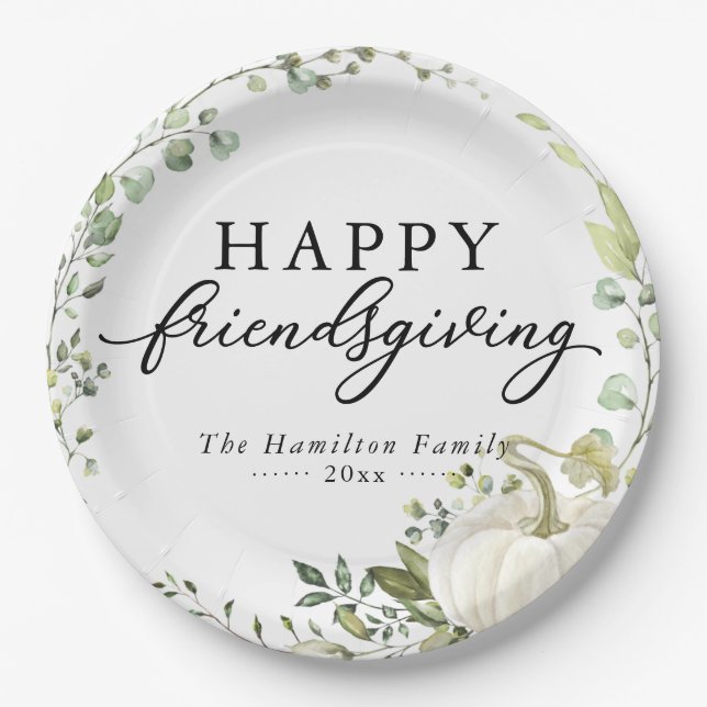 Greenery Eucalyptus Pumpkin Friendsgiving Dinner Paper Plates (Front)