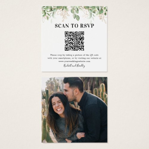 Greenery Eucalyptus QR Code Photo Wedding RSVP - Modern wedding rsvp enclosure card featuring botanical watercolor eucalyptus foliage, gold glitter accents, and a QR code that directs your wedding guests to your wedding website where they will be able to reply online. The back of this square card features a photo for you to delete or replace with your own.