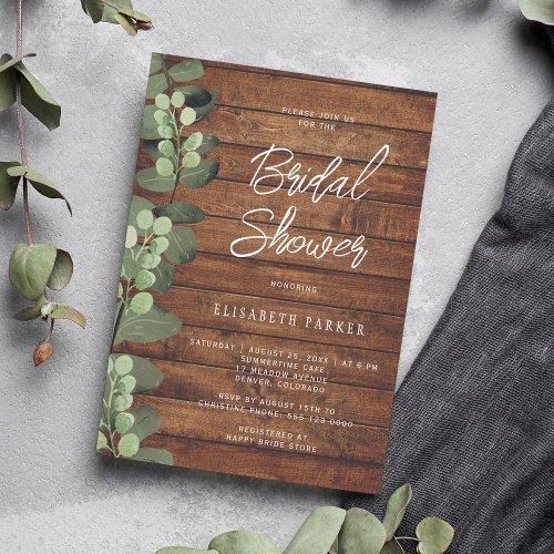 Greenery eucalyptus rustic wood bridal shower invitation