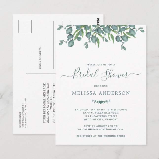 Greenery Eucalyptus Sage Bridal Shower Invitation Postcard (Front/Back)