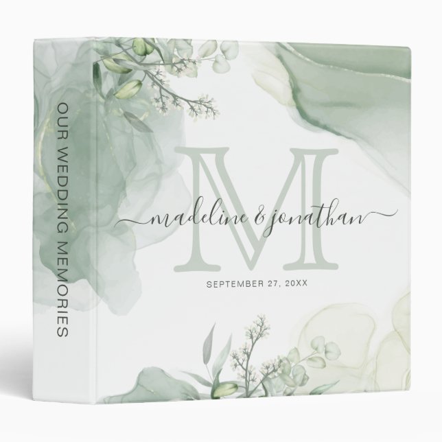 Greenery Eucalyptus Sage Green Monogram Wedding 3 Ring Binder (Front/Spine)