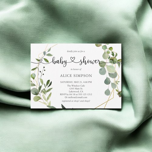 Greenery Eucalyptus Script Heart Baby Shower Invitation