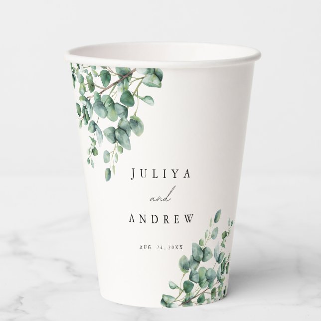 Greenery Eucalyptus script name and date Paper Cups (Front)