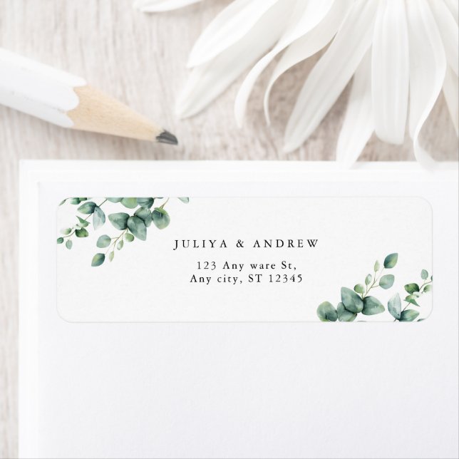 Greenery Eucalyptus script wedding address Label (Insitu)