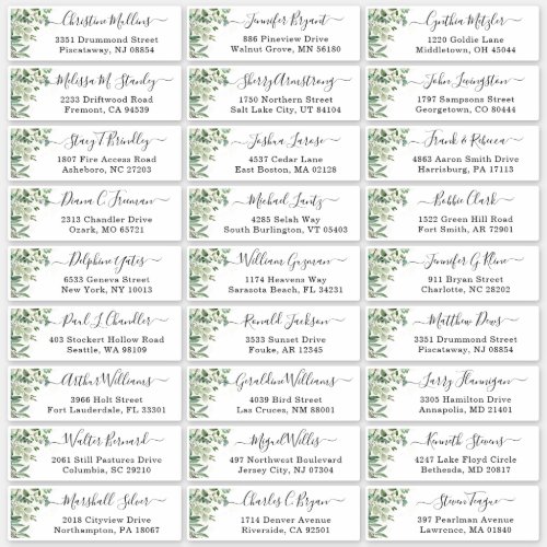 Greenery Eucalyptus Script Wedding Guest Address Sticker - Greenery Eucalyptus Script Wedding Guest Address Sticker / Personalized Address Label. 
(1) Single Label Size: around 4.25" x 1.25" in the 14" x 14" sticker.
(2) You are able to enter up to 27 guests addresses. 
(3) It takes a while to update the preview.
(4) Double check before adding it to your cart.
(5) For further customization, please click the "customize further" link and use our design tool to modify this template.