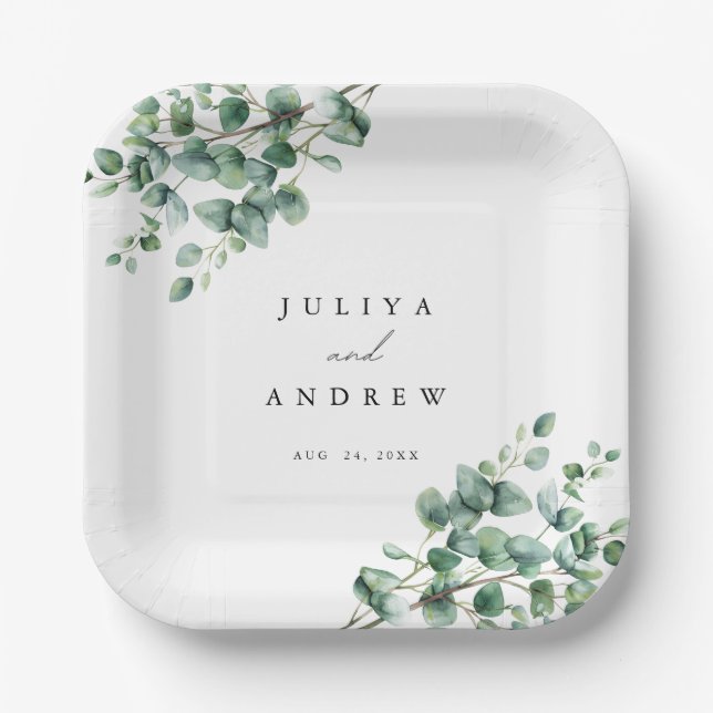 Greenery Eucalyptus script wedding  Paper Plates (Front)