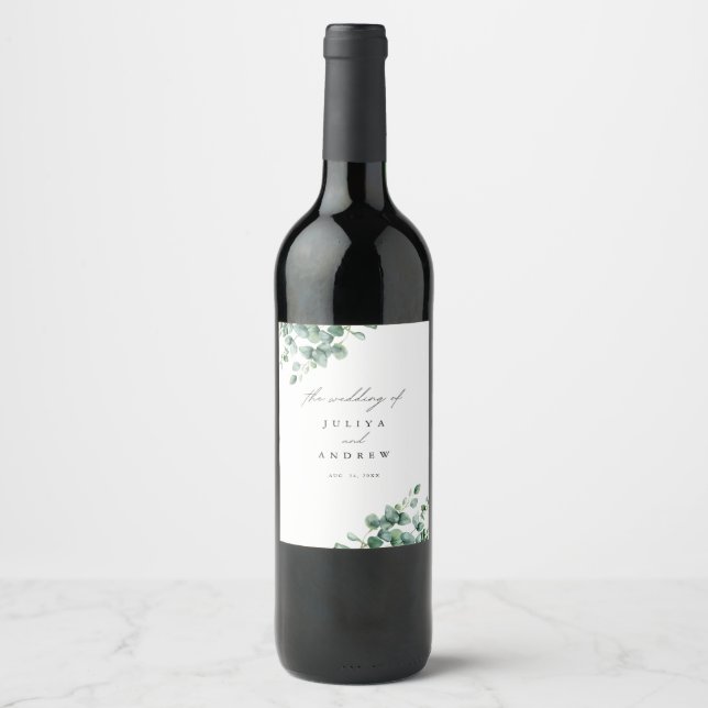 Greenery Eucalyptus script wedding  Wine Label (Front)