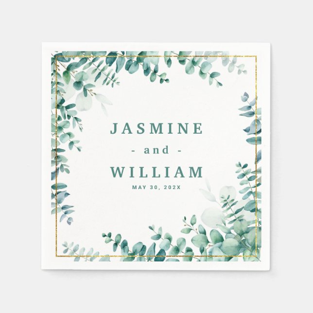 Greenery Eucalyptus Square Frameborder Wedding Napkins (Front)