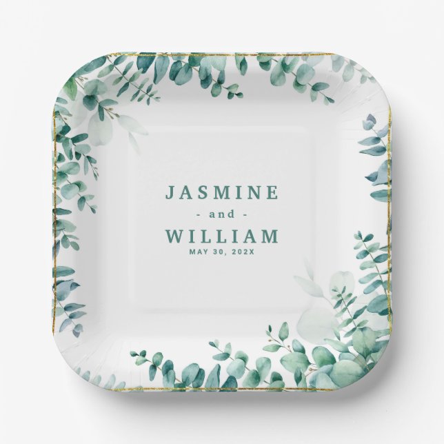 Greenery Eucalyptus Square Frameborder Wedding Paper Plates (Front)