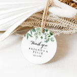 Greenery Eucalyptus Thank You Wedding Favor Classic Round Sticker<br><div class="desc">This modern calligraphy thank you wedding favor classic round sticker is perfect for a rustic wedding. The simple and elegant design features classic and fancy script typography in black and white. Make the sticker labels your own by including your names, the event (if applicable), and the date. These stickers can...</div>