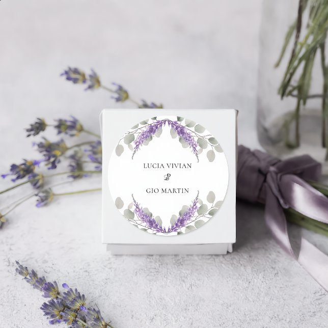 Greenery Eucalyptus Violet Lavender Wedding Classic Round Sticker (Creator Uploaded)
