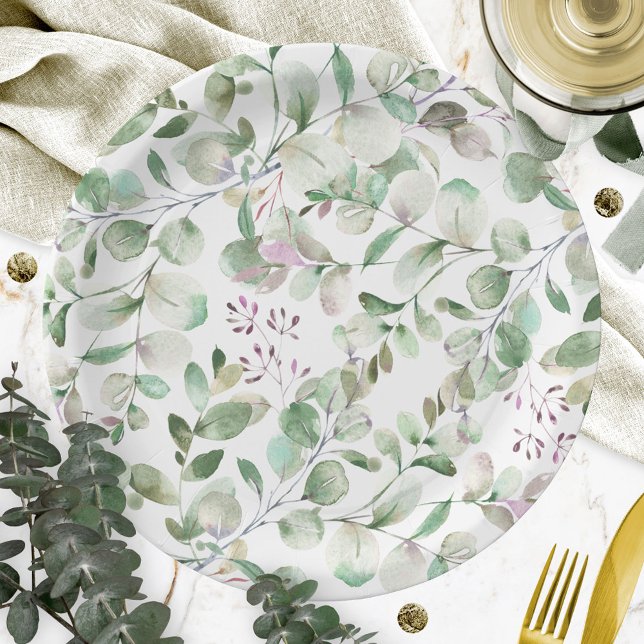 Greenery Eucalyptus Watercolor Bridal Shower Paper Plates (Creator Uploaded)