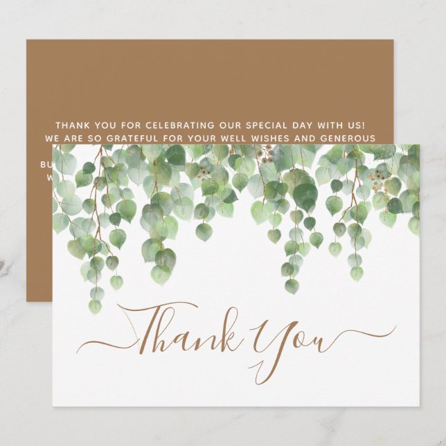 Greenery Eucalyptus Watercolor Gold Script Wedding Thank You Card (Front/Back)