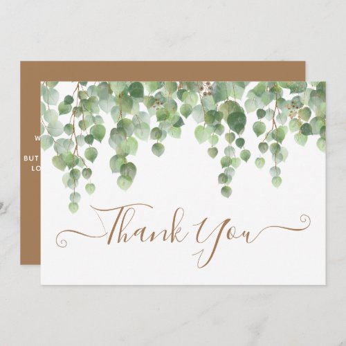 Greenery Eucalyptus Watercolor Gold Script Wedding Thank You Card - Send out Thank You notes to your friends and family from your wedding with these elegant eucalyptus greenery, modern thank you cards.  These rustic yet elegant wedding thank you cards feature watercolor eucalyptus greenery leaves, delicate gold script on white. Customize these wedding thank you cards with your personal message.  These unique greenery wedding thank you cards will make a lasting impression, your guests, family and friends! COPYRIGHT © 2020 Judy Burrows, Black Dog Art - All Rights Reserved. Greenery Eucalyptus Watercolor Gold Script Wedding Thank You Card