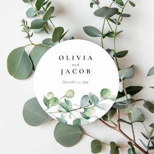 Greenery Eucalyptus Watercolor Wedding Classic Round Sticker