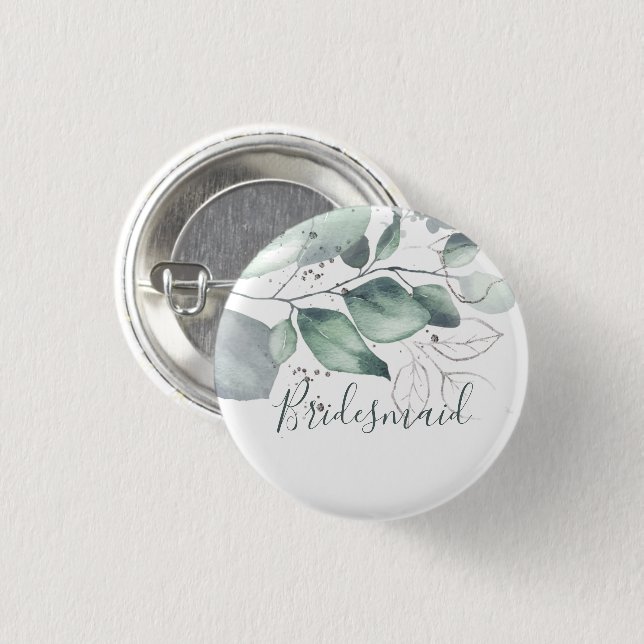 GREENERY EUCALYPTUS WATERCOLOUR BRIDESMAID BUTTON (Front & Back)