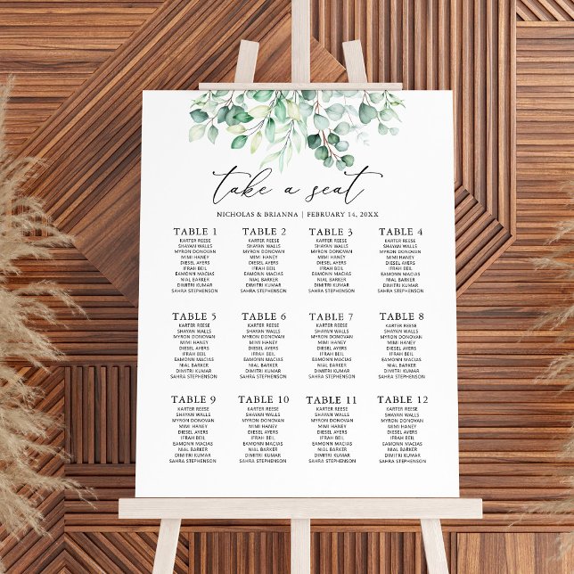 Greenery Eucalyptus Wedding 12 Table Seating Chart Foam Board (Creator Uploaded)