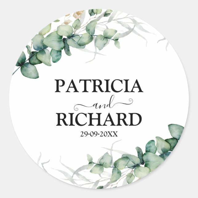 Greenery Eucalyptus Wedding Classic Round Sticker (Front)