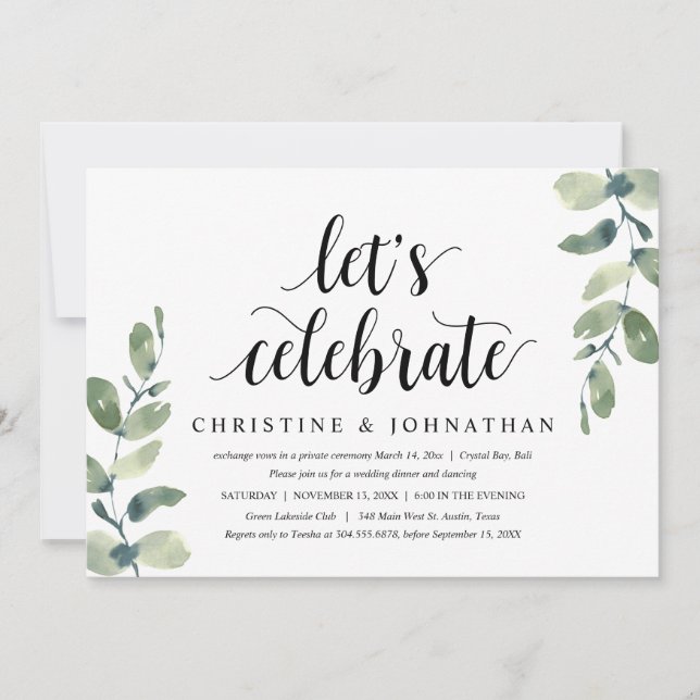 Greenery Eucalyptus, Wedding Elopement Party Invitation (Front)