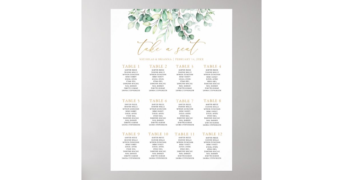 Greenery Eucalyptus Wedding Gold 12 Table Seating Poster Zazzle