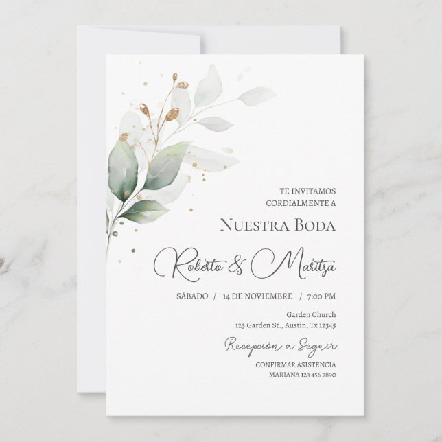 Greenery Eucalyptus Wedding invite in Spanish (Front)