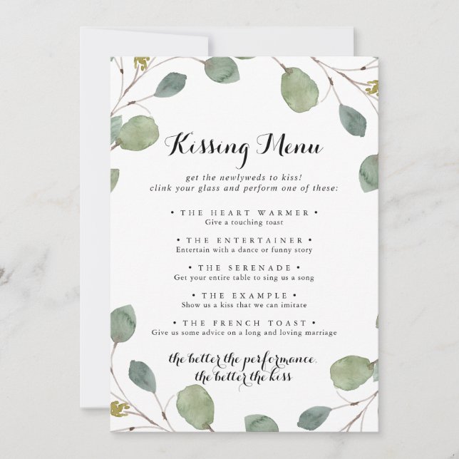 Greenery Eucalyptus Wedding Kissing Menu Game Card (Front)