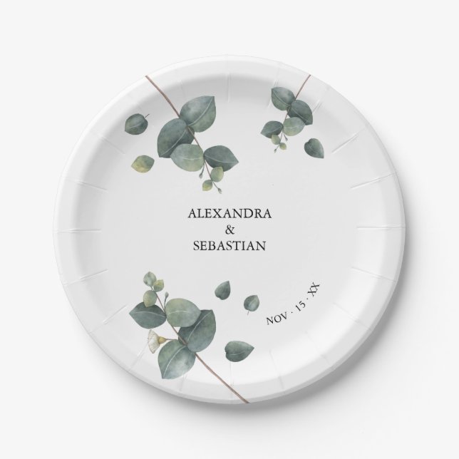 Greenery Eucalyptus Wedding Paper Plates (Front)