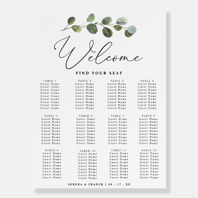 Greenery Eucalyptus Wedding Seating Chart Sign (Front)