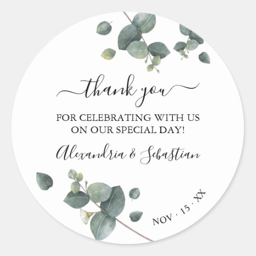 Greenery Eucalyptus Wedding Thank You Classic Roun Classic Round Sticker