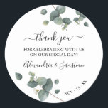 Greenery Eucalyptus Wedding Thank You Classic Round Sticker<br><div class="desc">Greenery watercolor eucalyptus design. Add your event information and for further customization,  click the link "click to customize further". ~ Check collection for matching games,  invitation,  signs,  and more ~</div>