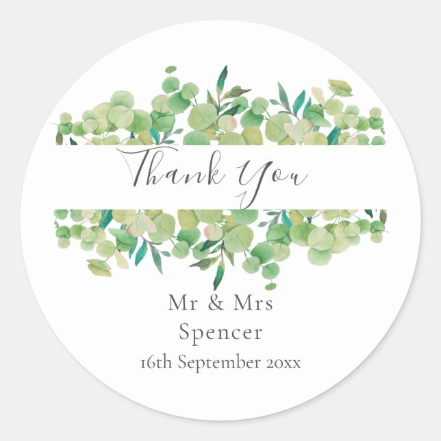 Greenery Eucalyptus Wedding Thank You Favor Classic Round Sticker (Front)