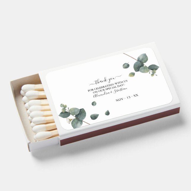 Greenery Eucalyptus Wedding Thank You  Matchboxes (Front Open)