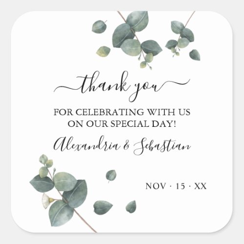 Greenery Eucalyptus Wedding Thank You Square Sticker