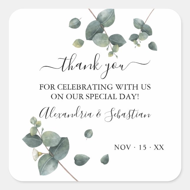 Greenery Eucalyptus Wedding Thank You Square Sticker (Front)