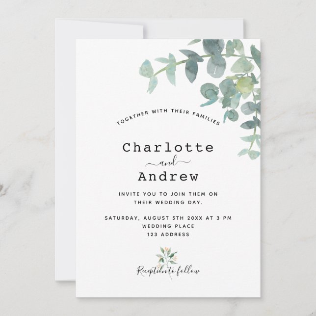 Greenery eucalyptus white elegant wedding invitation (Front)