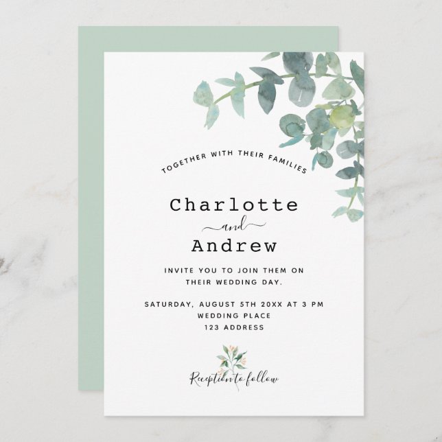 Greenery eucalyptus white elegant wedding invitation (Front/Back)