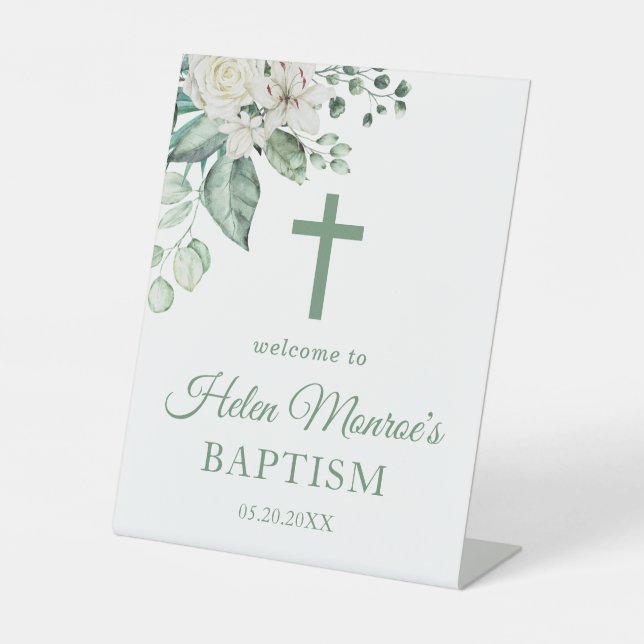Greenery  Eucalyptus White Flowers Baptism Pedestal Sign (Front)