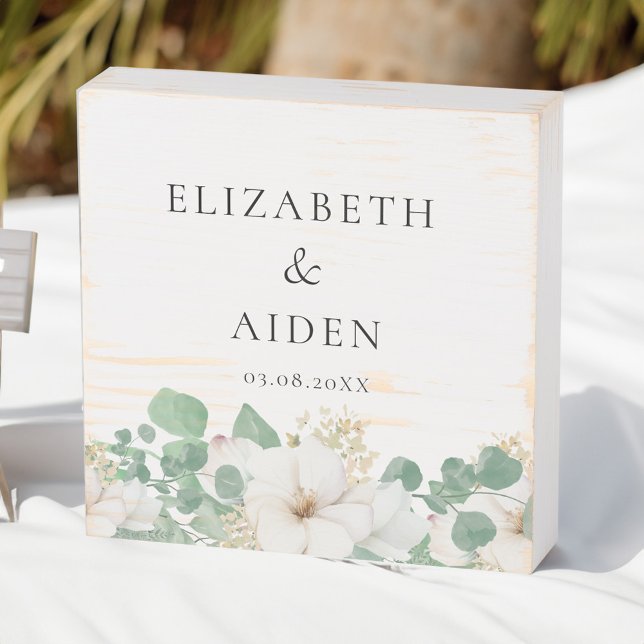 Greenery Eucalyptus & White Flowers Wedding  Wooden Box Sign (Creator Uploaded)