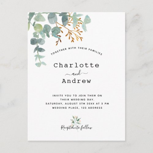 Greenery eucalyptus white gold elegant wedding postcard