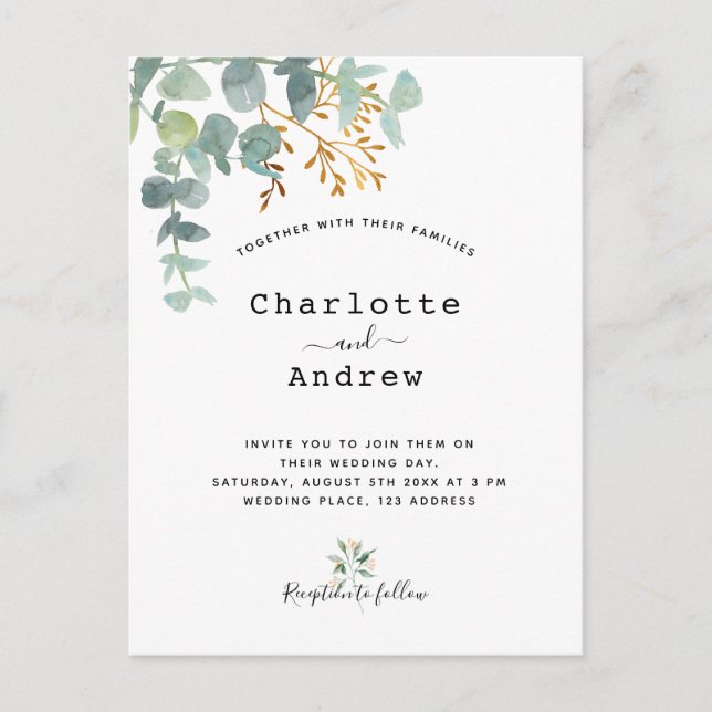 Greenery eucalyptus white gold elegant wedding postcard (Front)