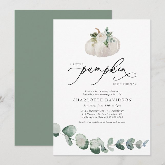 Greenery Eucalyptus White Pumpkin Boho Baby Shower Invitation (Front/Back)