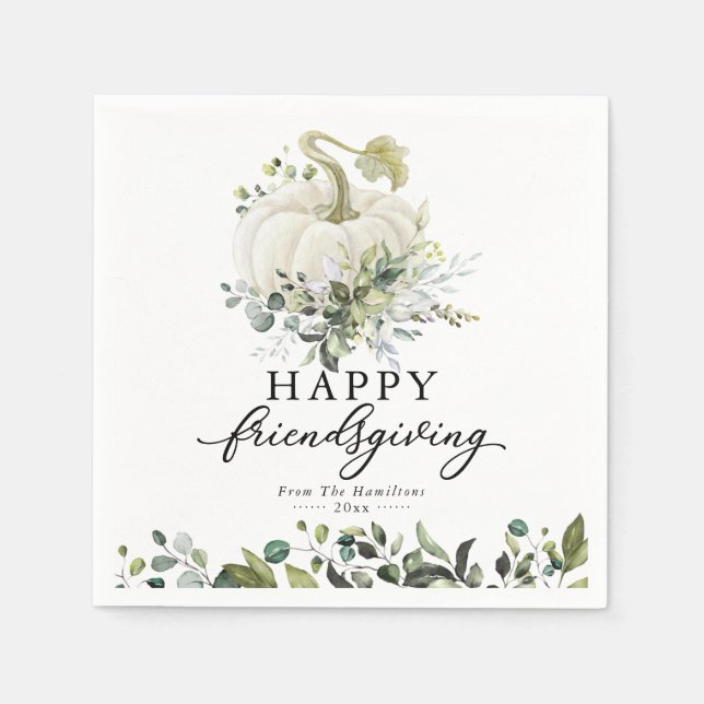 Greenery Eucalyptus White Pumpkin Friendsgiving Napkins (Front)