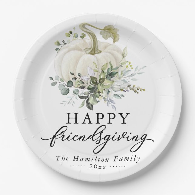 Greenery Eucalyptus White Pumpkin Friendsgiving  Paper Plates (Front)