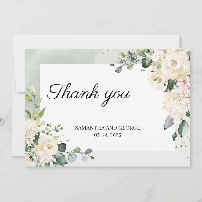 Greenery eucalyptus white roses gold glitter boho thank you card | Zazzle