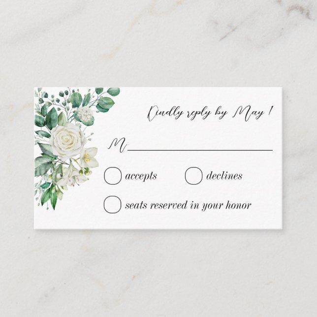 Greenery eucalyptus white roses RSVP Enclosure Card (Front)