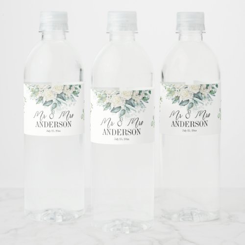 Greenery eucalyptus white roses wedding  Sparkling Water Bottle Label